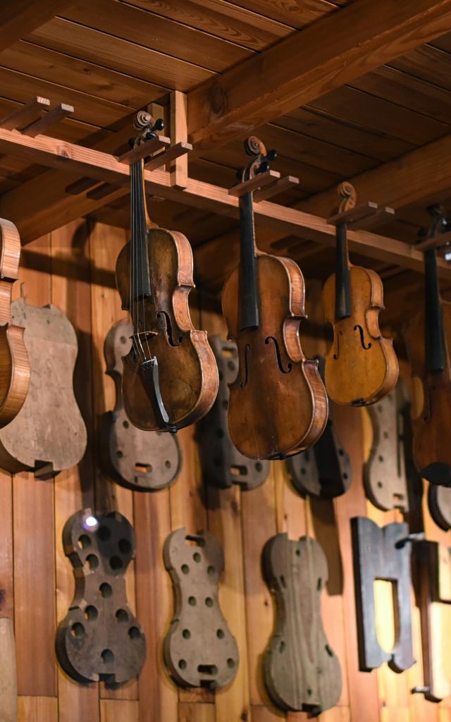 Low angle view of violins with violas hanging in instrument maker workshop